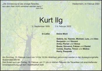 Traueranzeige von Kurt Ilg von Heidenheimer Zeitung