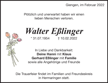 Traueranzeige von Walter Eßlinger von Heidenheimer Zeitung