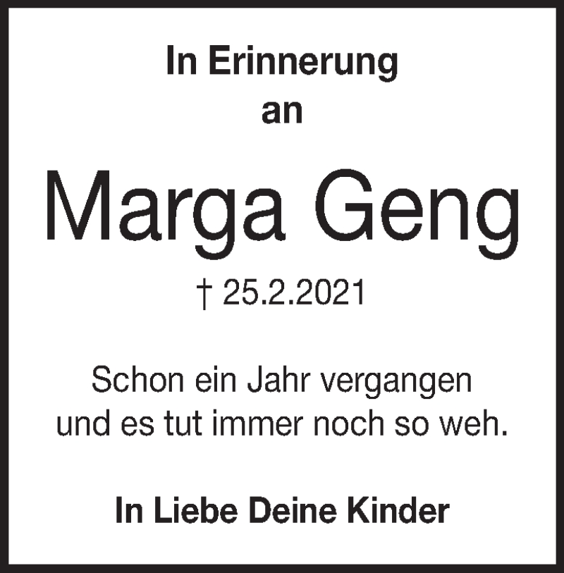 Traueranzeige für Marga Geng vom 25.02.2022 aus Heidenheimer Zeitung