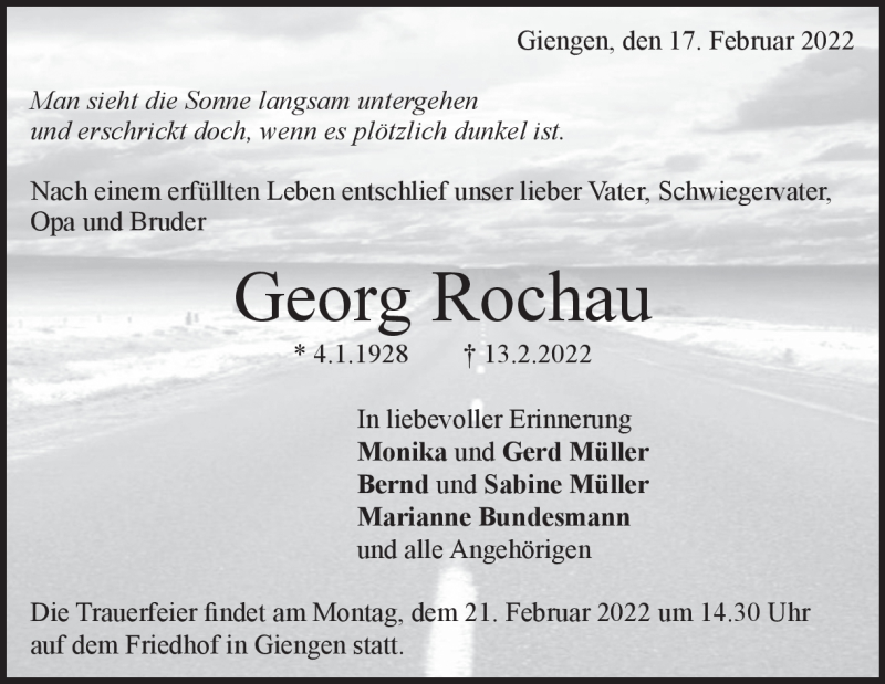  Traueranzeige für Georg Rochau vom 17.02.2022 aus Heidenheimer Zeitung