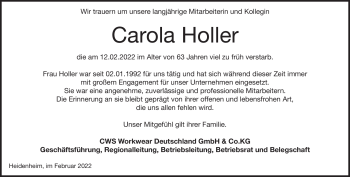 Traueranzeige von Carola Holler von Heidenheimer Zeitung