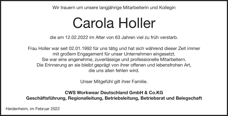  Traueranzeige für Carola Holler vom 24.02.2022 aus Heidenheimer Zeitung
