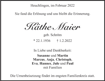 Traueranzeige von Käthe Maier von Heidenheimer Zeitung