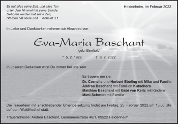 Traueranzeige von Eva-Maria Baschant von Heidenheimer Zeitung