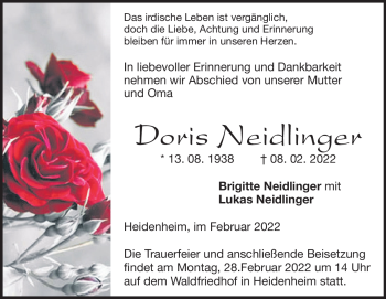 Traueranzeige von Doris Neidlinger von Heidenheimer Zeitung