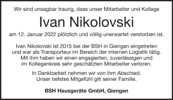 Traueranzeige von Ivan Nikolovski von Heidenheimer Zeitung
