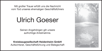 Traueranzeige von Ulrich Goeser von Heidenheimer Zeitung