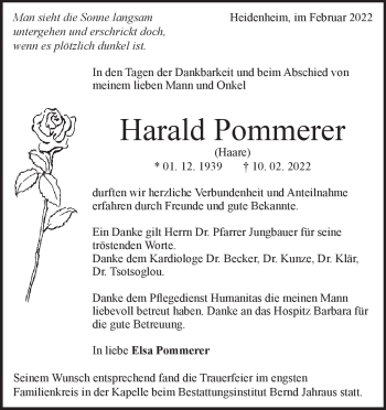 Traueranzeige von Harald Pommerer von Heidenheimer Zeitung