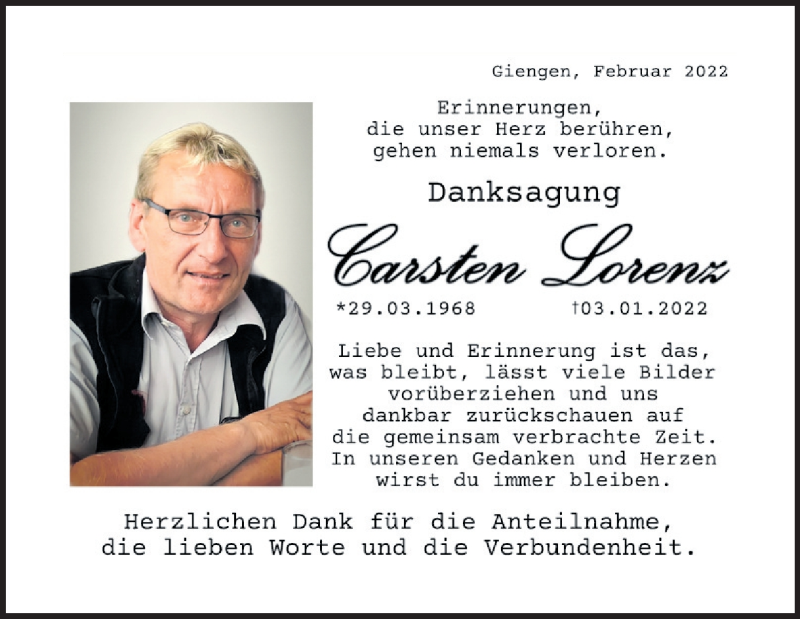 Traueranzeige für Carsten Lorenz vom 26.02.2022 aus Heidenheimer Zeitung