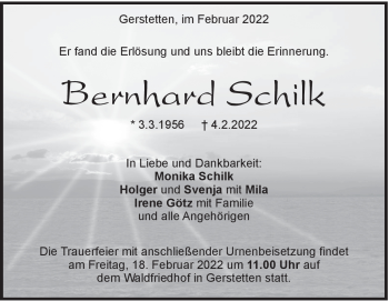 Traueranzeige von Bernhard Schilk von Heidenheimer Zeitung