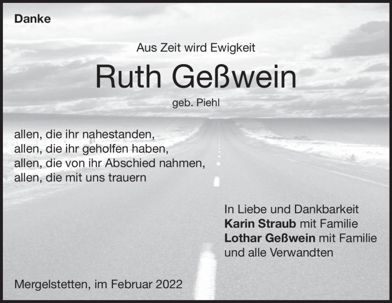  Traueranzeige für Ruth Geßwein vom 12.02.2022 aus Heidenheimer Zeitung