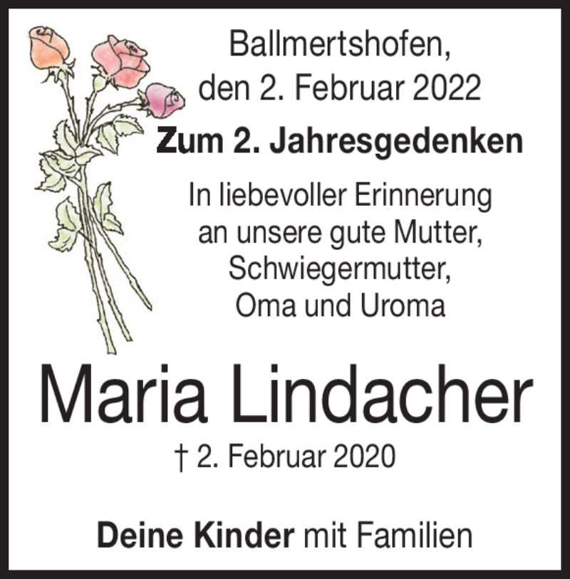  Traueranzeige für Maria Lindacher vom 02.02.2022 aus Heidenheimer Zeitung