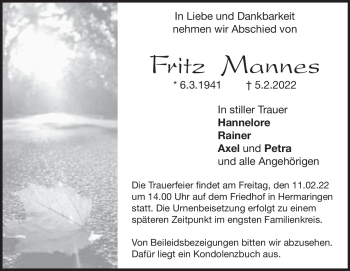 Traueranzeige von Fritz Mannes von Heidenheimer Zeitung