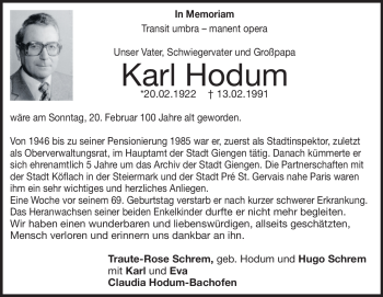 Traueranzeige von Karl Hodum von Heidenheimer Zeitung