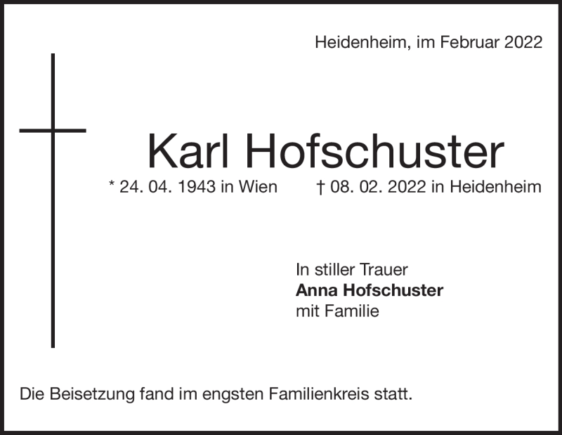 Traueranzeige für Karl Hofschuster vom 16.02.2022 aus Heidenheimer Zeitung