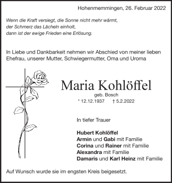 Traueranzeige von Maria Kohlöffel von Heidenheimer Zeitung