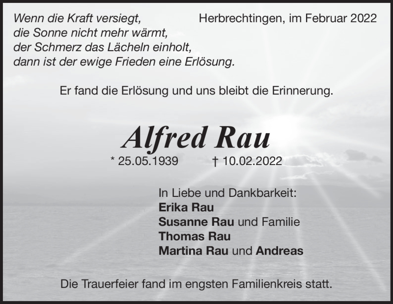  Traueranzeige für Alfred Rau vom 19.02.2022 aus Heidenheimer Zeitung