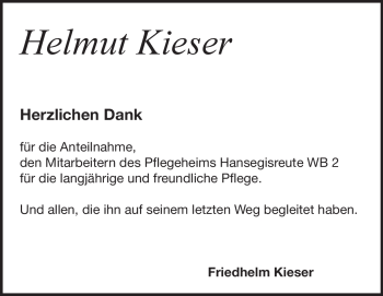 Traueranzeige von Helmut Kieser von Heidenheimer Zeitung