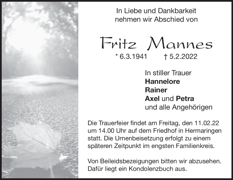 Traueranzeige für Fritz Mannes vom 09.02.2022 aus Heidenheimer Zeitung