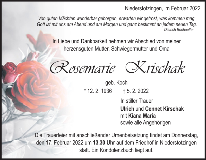  Traueranzeige für Rosemarie Krischak vom 15.02.2022 aus Heidenheimer Zeitung