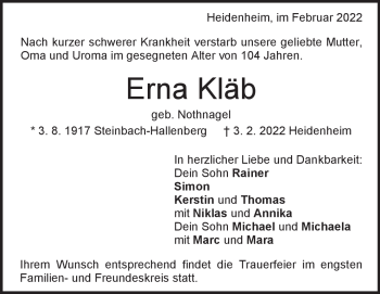 Traueranzeige von Erna Kläb von Heidenheimer Zeitung