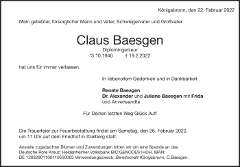 Traueranzeige von Claus Baesgen von Heidenheimer Zeitung