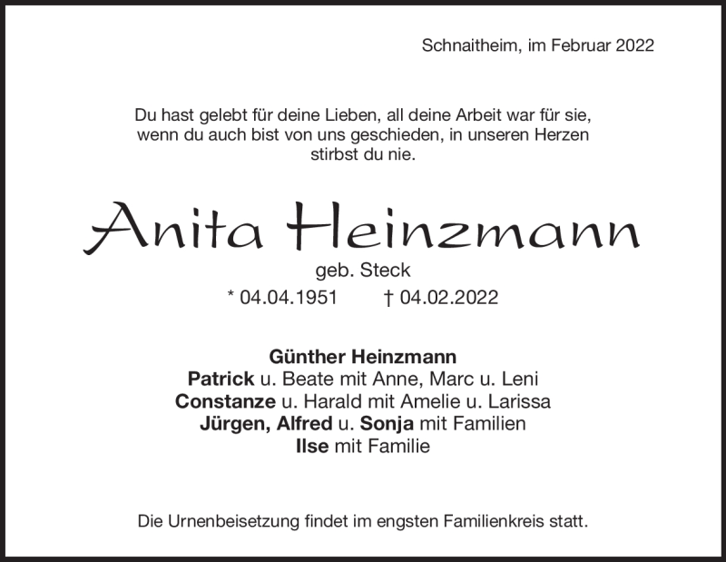  Traueranzeige für Anita Heinzmann vom 16.02.2022 aus Heidenheimer Zeitung