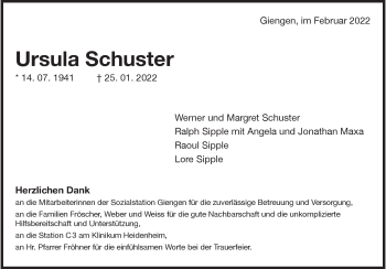 Traueranzeige von Ursula Schuster von Heidenheimer Zeitung