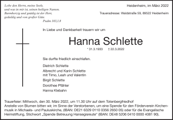 Traueranzeige von Hanna Schlette von Heidenheimer Zeitung