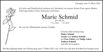 Traueranzeige von Marie Schmid von Heidenheimer Zeitung