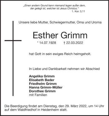 Traueranzeige von Esther Grimm von Heidenheimer Zeitung