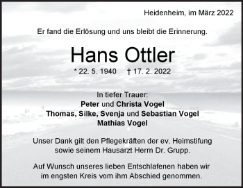 Traueranzeige von Hans Ottler von Heidenheimer Zeitung