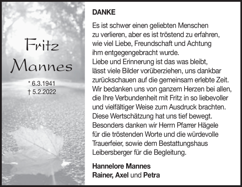  Traueranzeige für Fritz Mannes vom 17.03.2022 aus Heidenheimer Zeitung
