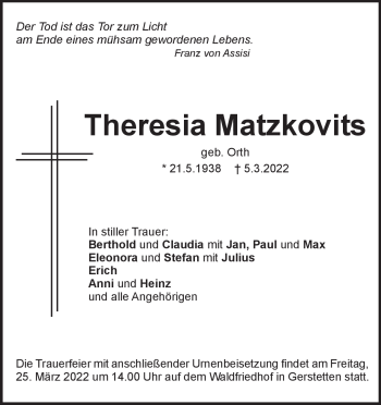 Traueranzeige von Theresia Matzkovits von Heidenheimer Zeitung