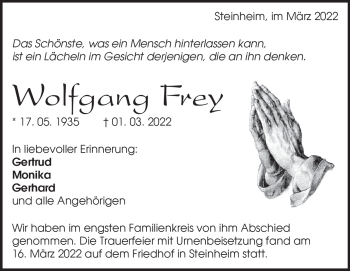 Traueranzeige von Wolfgang Frey von Heidenheimer Zeitung