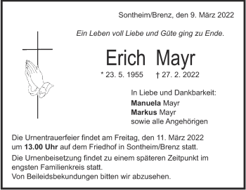 Traueranzeige von Erich Mayr von Heidenheimer Zeitung