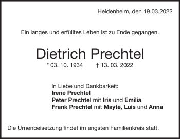 Traueranzeige von Dieter Prechtel von Heidenheimer Zeitung
