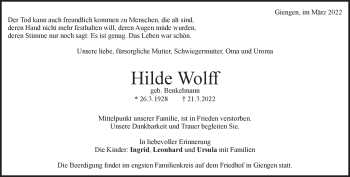 Traueranzeige von Hilde Wolff von Heidenheimer Zeitung