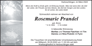 Traueranzeige von Rosemarie Prandel von Heidenheimer Zeitung