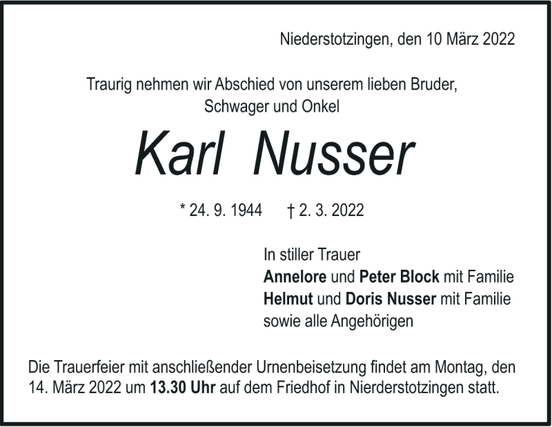  Traueranzeige für Karl Nusser vom 10.03.2022 aus Heidenheimer Zeitung