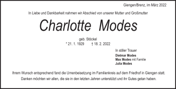 Traueranzeige von Charlotte Modes von Heidenheimer Zeitung