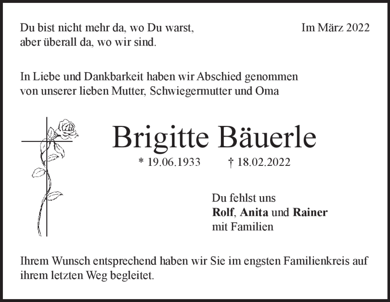 Traueranzeige für Brigitte Bäuerle vom 05.03.2022 aus Heidenheimer Zeitung