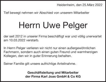 Traueranzeige von Uwe Pelger von Heidenheimer Zeitung
