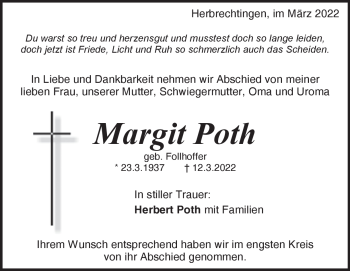 Traueranzeige von Margit Poth von Heidenheimer Zeitung