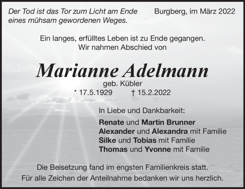  Traueranzeige für Marianne Adelmann vom 12.03.2022 aus Heidenheimer Zeitung
