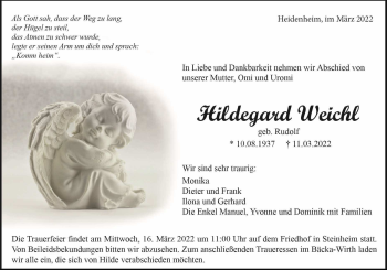 Traueranzeige von Hildegard Weichl von Heidenheimer Zeitung