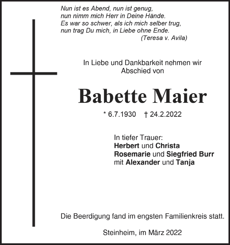  Traueranzeige für Babette Maier vom 10.03.2022 aus Heidenheimer Zeitung