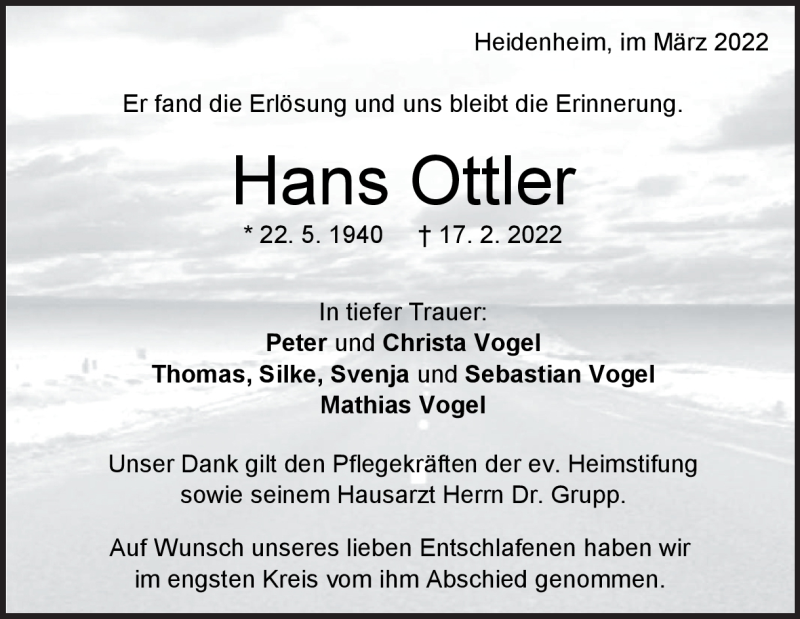  Traueranzeige für Hans Ottler vom 12.03.2022 aus Heidenheimer Zeitung
