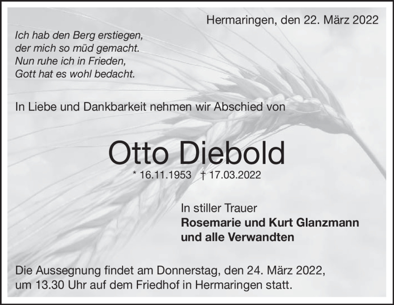  Traueranzeige für Otto Diebold vom 22.03.2022 aus Heidenheimer Zeitung