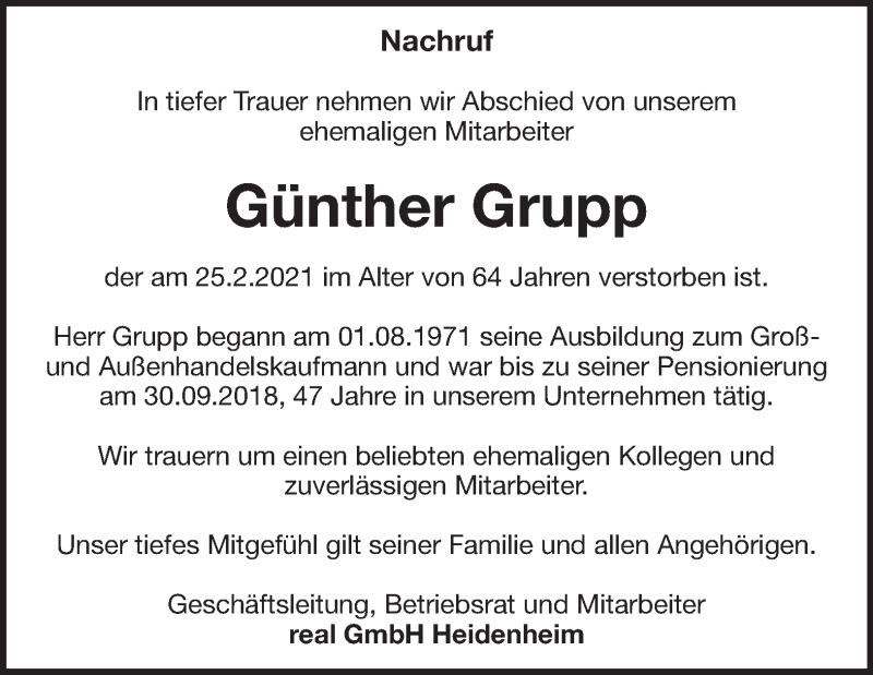  Traueranzeige für Günther Grupp vom 05.03.2022 aus Heidenheimer Zeitung